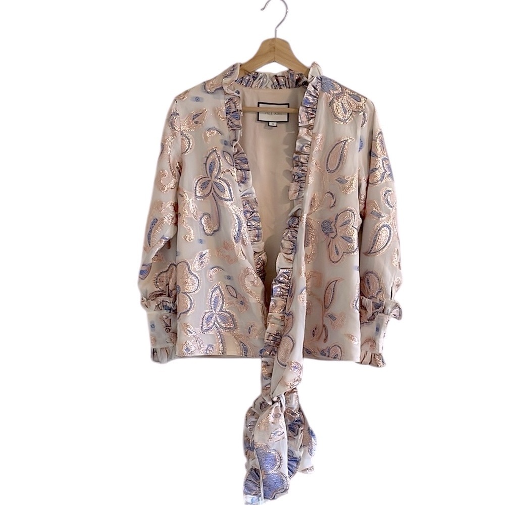 Alexis Pink Paisley Satin Ruffle Tie-Front Blouse - Picture 6 of 11